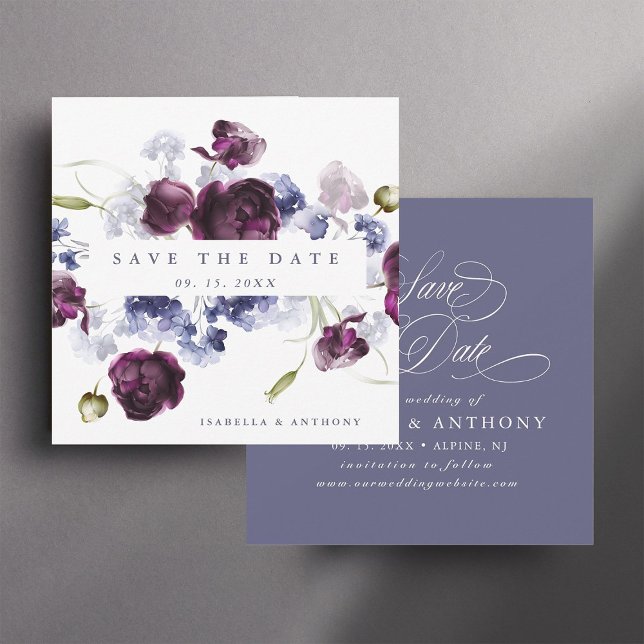 Romantic Plum Purple & Indigo Blue Floral Wedding Save The Date (Front & Back)