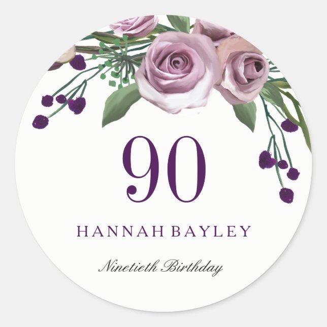Romantic Plum Purple Rose Floral 90th Birthday Classic Round Sticker (Front)