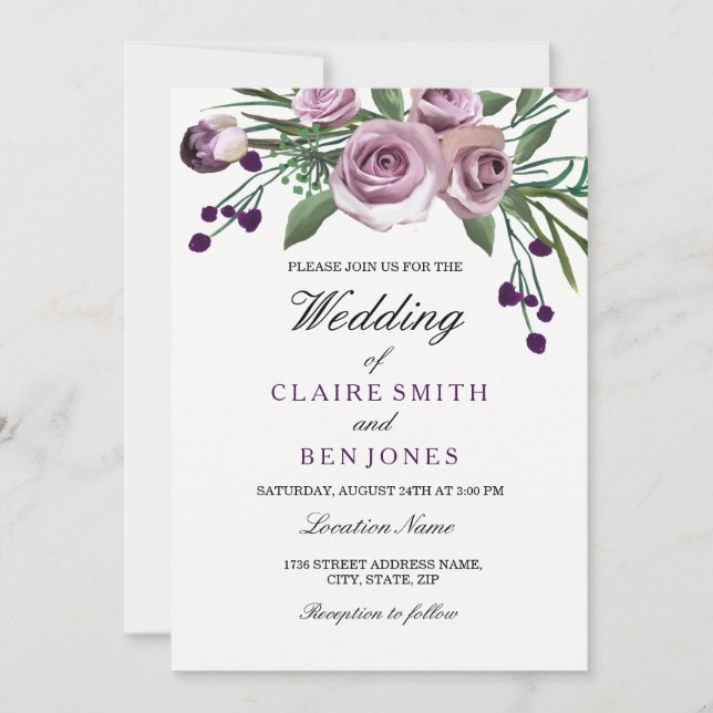Romantic Plum Purple Rose Floral Wedding Invite (Front)