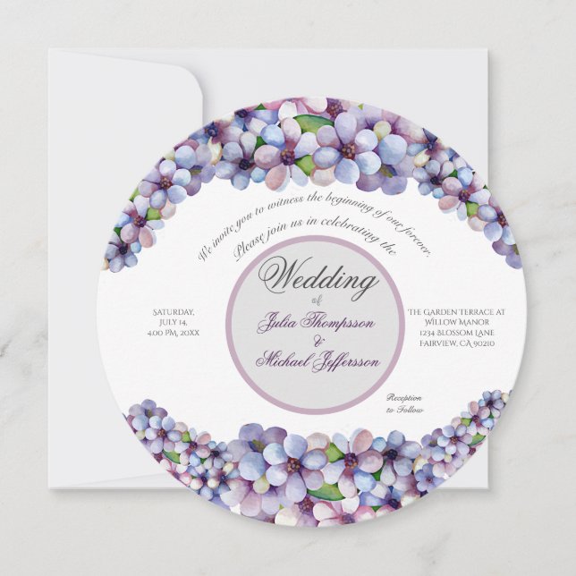 Romantic Poetic Lilac Watercolor Floral Wedding Invitation (Front)