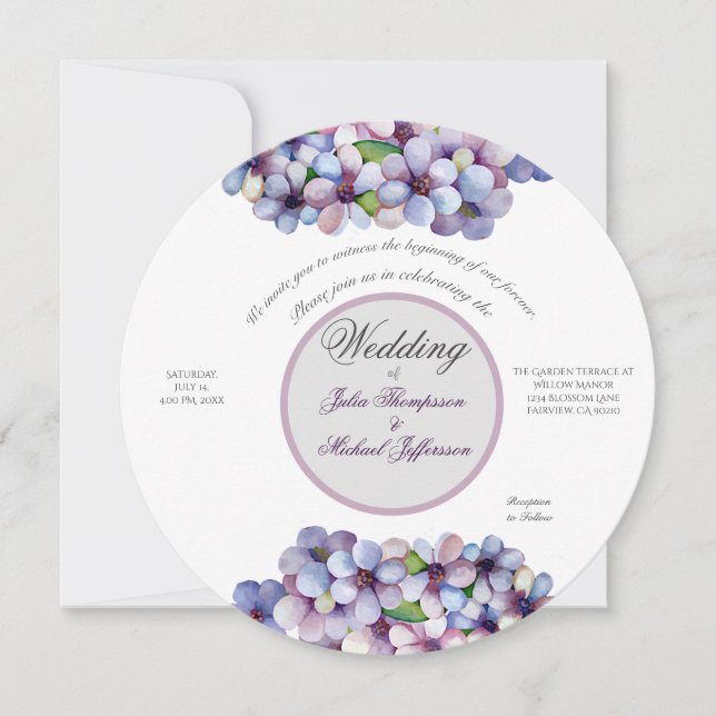 Romantic Poetic Lilac Watercolor Floral Wedding Invitation (Front)