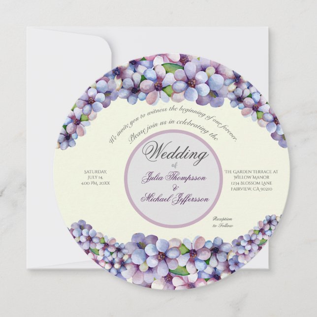 Romantic Poetic Lilac Watercolor Floral Wedding Invitation (Front)