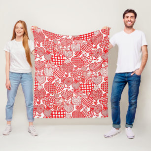 Romantic Polka Heart Doodle Red White Fleece Blanket