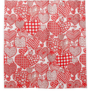Romantic Polka Heart Doodle Red White Shower Curtain