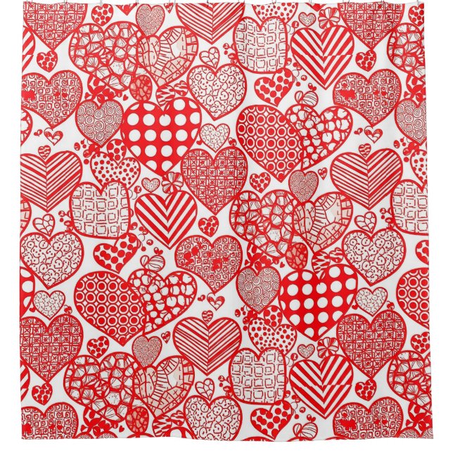 Romantic Polka Heart Doodle Red White Shower Curtain (Front)