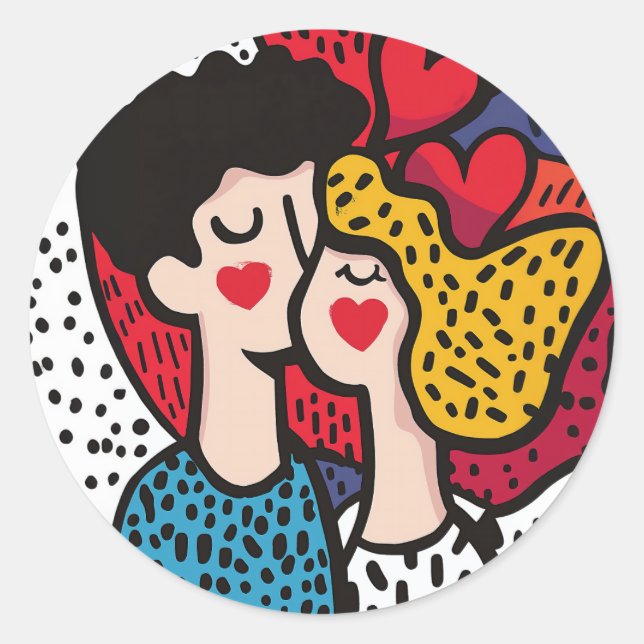 Romantic Pop Art Illustration of a Loving Couple Classic Round Sticker (Front)