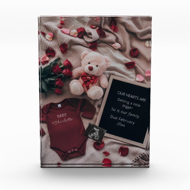 Romantic Pregnancy Announcement with Roses & Teddy Photo Block (Front)