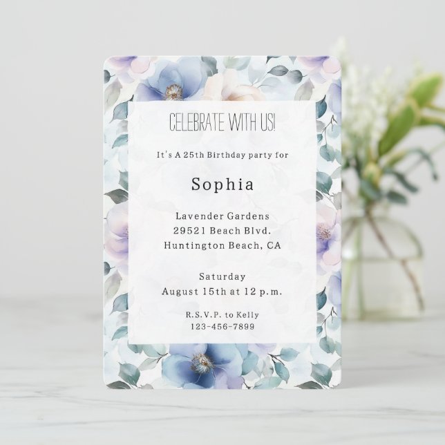 Romantic Pretty Lavender Flowers Birthday Invitation (Standing Front)