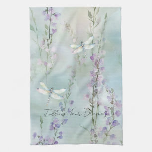 Romantic Pretty Lavender Flowers Dragonflies Tea Towel