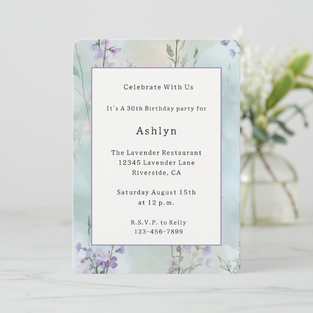 Romantic Pretty Lavender Flowers Garden Birthday Invitation (Standing Front)