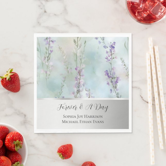 Romantic Pretty Lavender Flowers Silver Wedding  Napkin (Insitu)