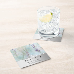 Romantic Pretty Lavender Flowers Silver Wedding Square Paper Coaster
