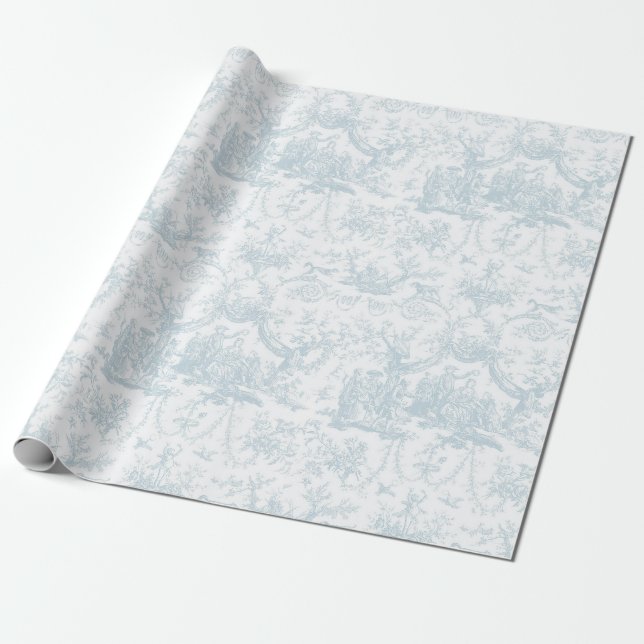 Romantic Pretty Light blue Toile Gift Wrapping Paper (Unrolled)