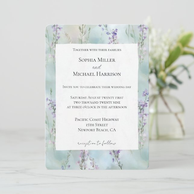 Romantic Pretty Purple Flowers Wedding Invitation (Standing Front)