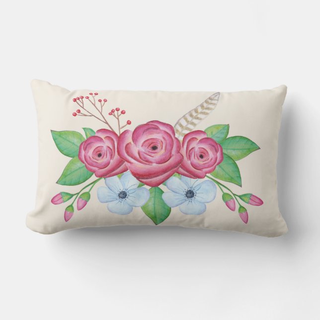 Romantic Pretty Watercolor Flower Bouquet Lumbar Cushion (Front)