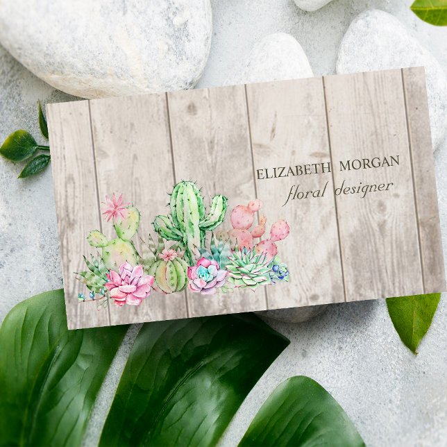 Romantic Professional Cactus,Flowers,Wood Texture  Business Card (Creator Uploaded)