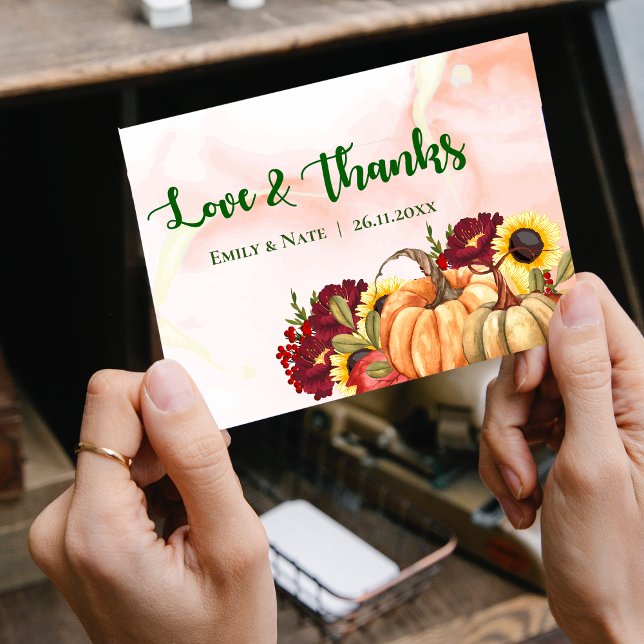 Romantic Pumpkin Autumn Leaves Fall Wedding Thank  Postcard (Romantic Pumpkin Autumn Leaves Fall Wedding Thank Postcard)