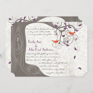 Romantic Purple and Coral Rustic Tree Lovebird Invitation