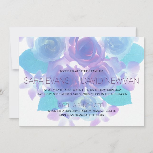 Romantic Purple Aqua Blue Floral Wedding Invitation (Front)
