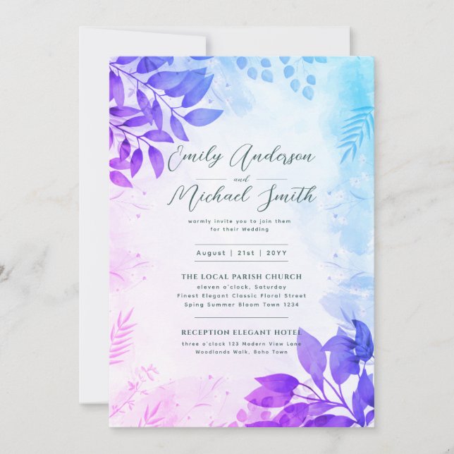 Romantic Purple Aqua Photo Qr Code Rsvp Wedding  Invitation (Front)