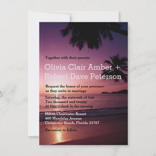 Romantic Purple Beach Sunset Palms Wedding Invitation (Front)