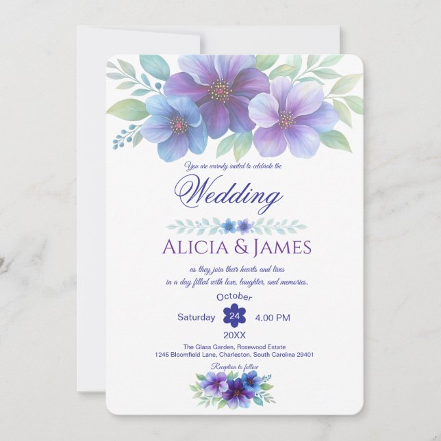 Romantic Purple Blue Botanical Watercolor Wedding Invitation (Front)
