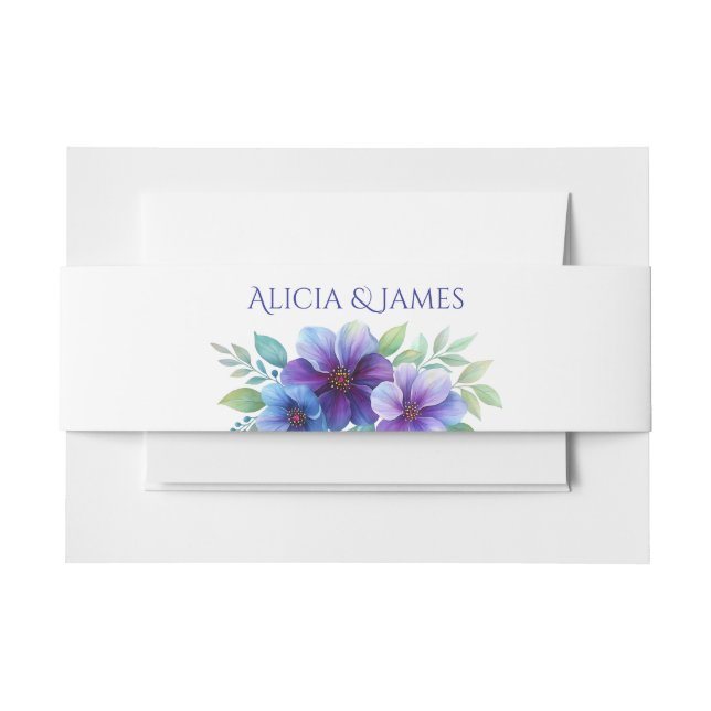 Romantic Purple Blue Botanical Watercolor Wedding  Invitation Belly Band (Front Example)