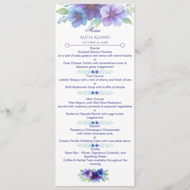 Romantic Purple Blue Botanical Watercolor Wedding  Menu (Front)