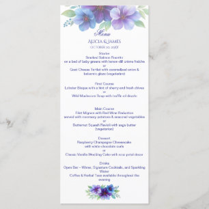Romantic Purple Blue Botanical Watercolor Wedding Menu