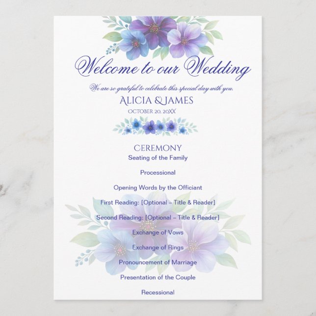 Romantic Purple Blue Botanical Watercolor Wedding  Programme (Front)