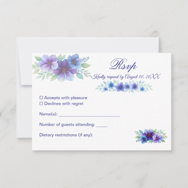Romantic Purple Blue Botanical Watercolor Wedding  RSVP Card (Front)