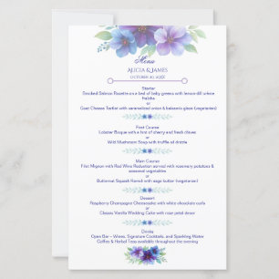 Romantic Purple Blue Botanical Wedding Menu