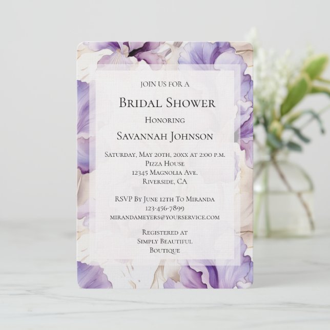 Romantic Purple Cream Iris Floral Bridal Shower Invitation (Standing Front)