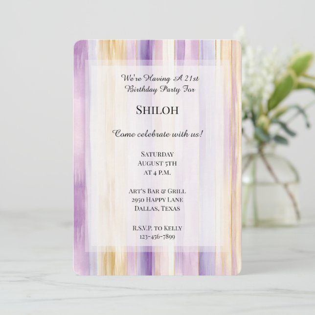 Romantic Purple Cream Iris Stripes Birthday Invitation (Standing Front)