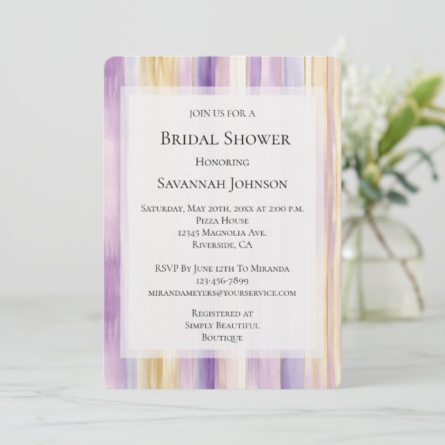 Romantic Purple Cream Iris Stripes Bridal Shower Invitation (Standing Front)
