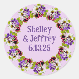 Romantic Purple Daisy Wedding Floral Wreath Classic Round Sticker