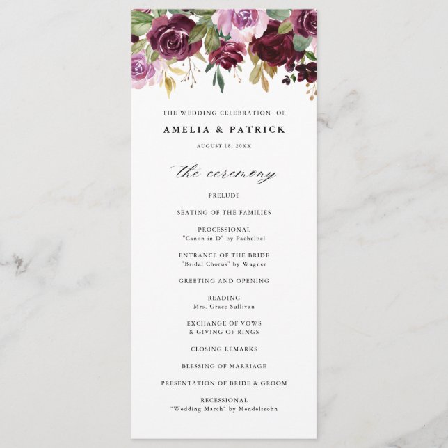 Romantic Purple Fall Floral Blooms Rustic Wedding Programme (Front)