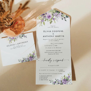Romantic Purple Floral All in One Wedding Invite