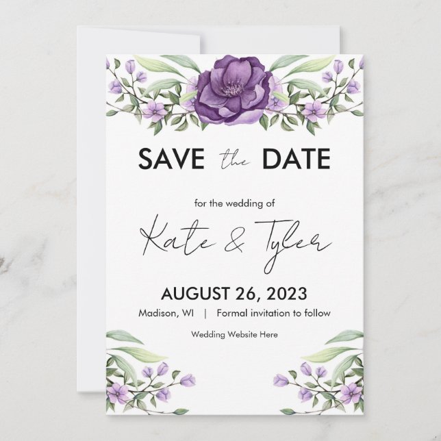 Romantic Purple Floral and Greenery Save The Date Invitation (Front)