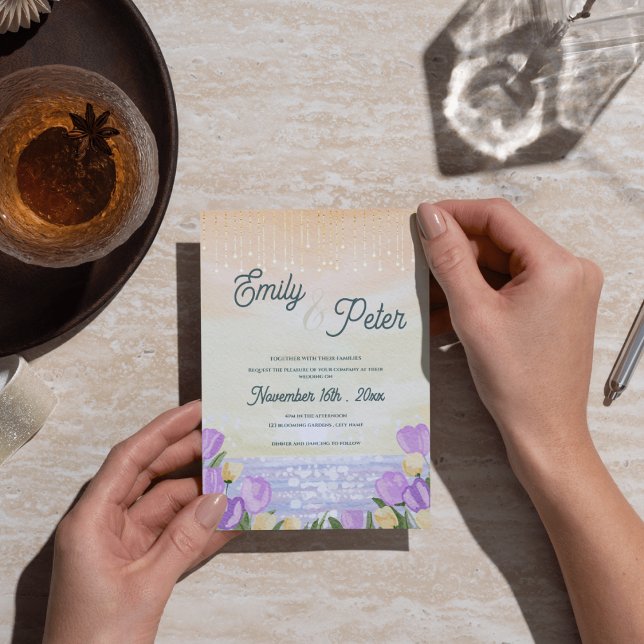 Romantic Purple Floral Beach Sunset Wedding Invite Postcard (Romantic Purple Floral Beach Sunset Wedding Invite)