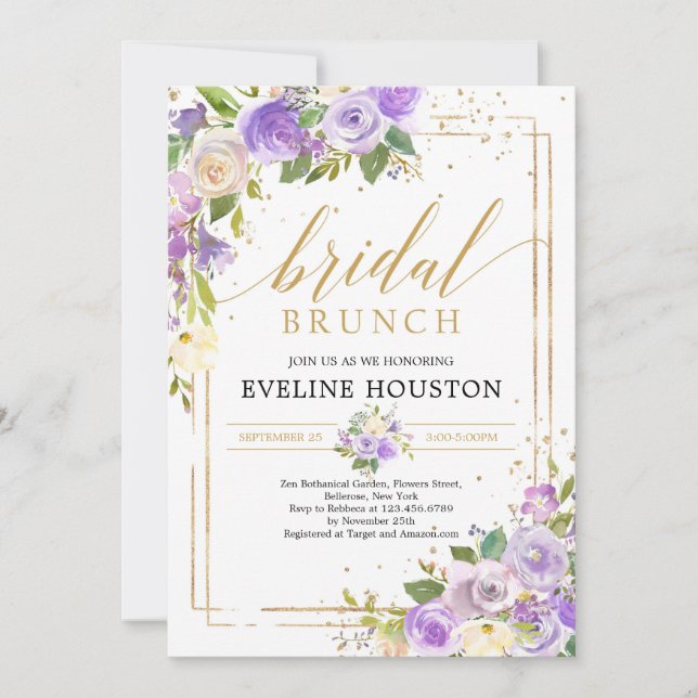 Romantic purple floral gold frame Bridal brunch Invitation (Front)