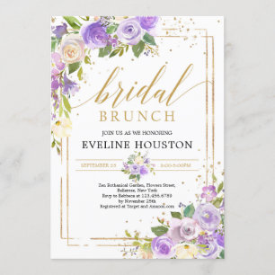 Romantic purple floral gold frame Bridal brunch Invitation