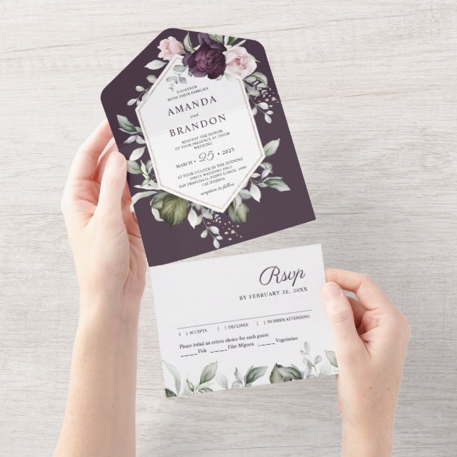 Romantic Purple Floral | Greenery Wedding All In One Invitation (Tearaway)
