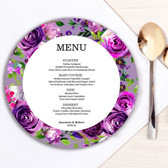 Romantic Purple Floral Round Menu Card (Creator Uploaded)