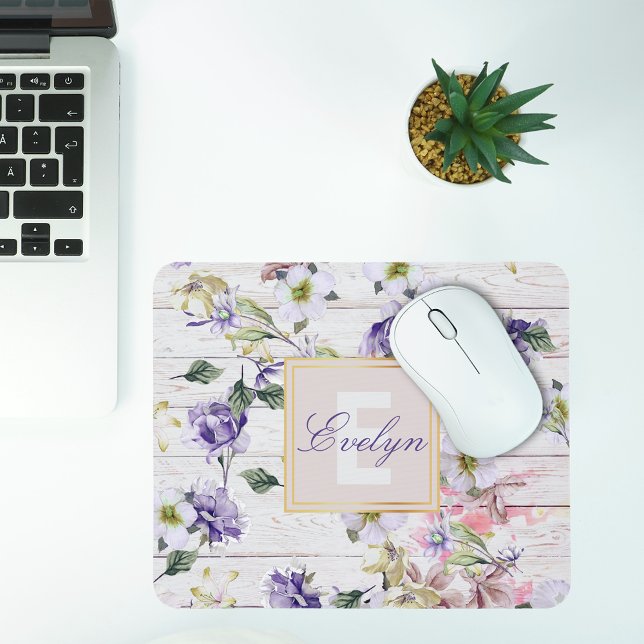 Romantic Purple Floral Rustic Wood Monogram Mouse Pad (Creator Uploaded)