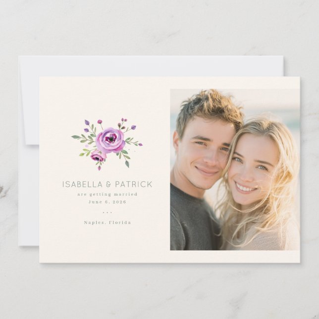 Romantic Purple Floral Save The Date (Front)
