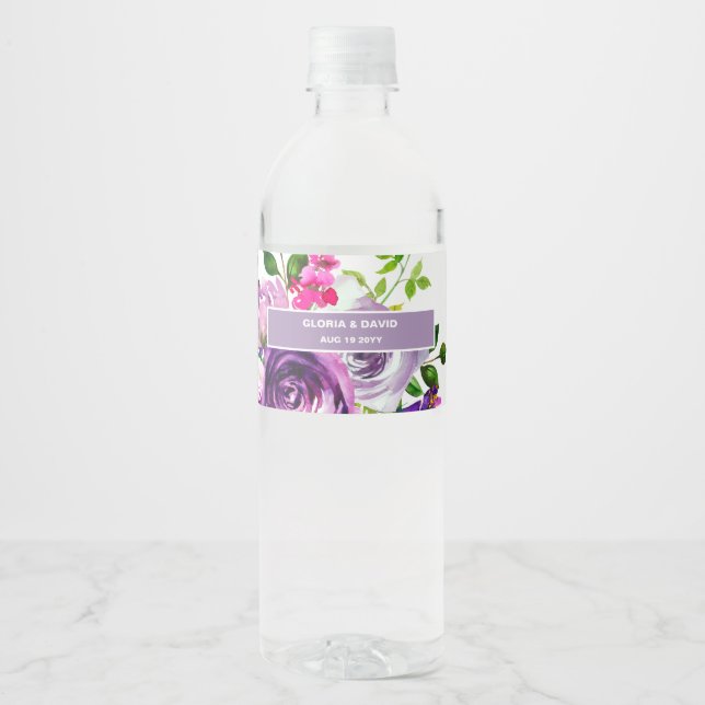 Romantic Purple Floral Water Bottle Label (Front)