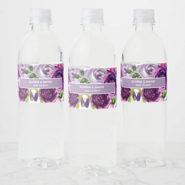 Romantic Purple Floral Water Bottle Label (Bottles)