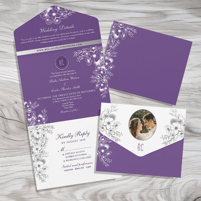 Romantic Purple Floral Wedding All In One Invitation (Creator Uploaded)
