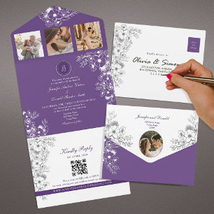 Romantic Purple Floral Wedding All In One Invitation
